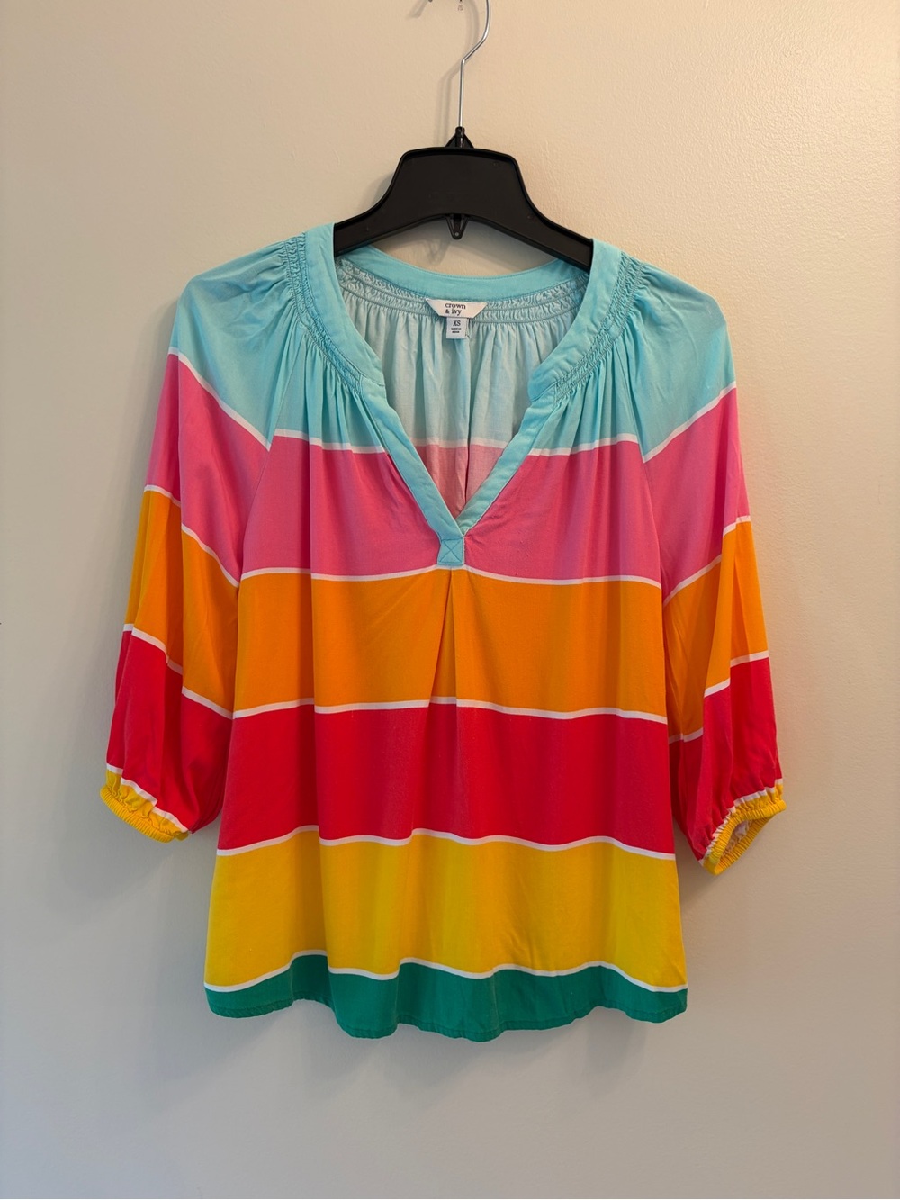 Crown & Ivy | Bright Multi-Stripe Peasant Top - Turquoise, Pink, Orange, Yellow
